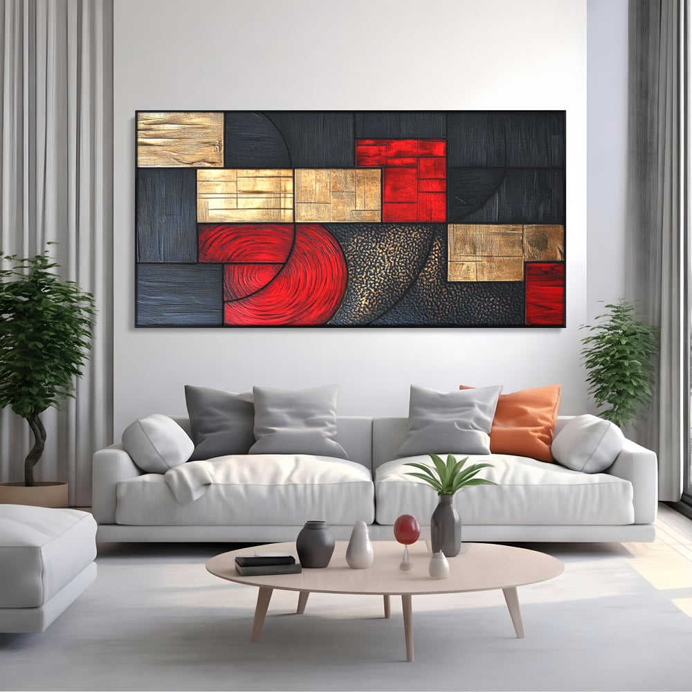 Tablou canvas cu tablou canvas cu forme geometrice abstracte, in rama de aluminiu negru, pe perete intr-un living